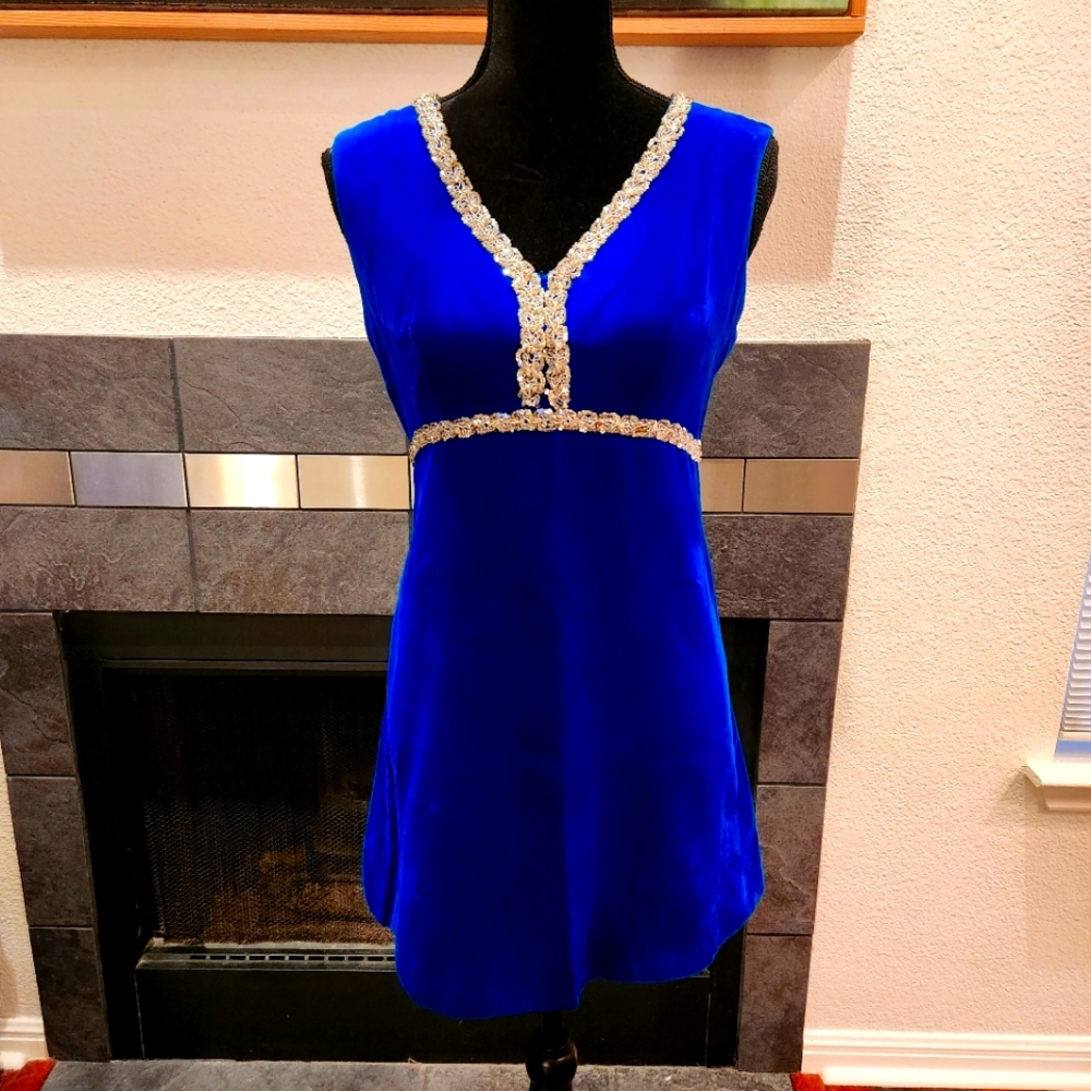 💙 Y2K Blue Velvet Mini Dress Mod GoGo Plunge